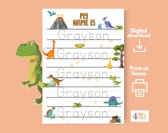 DINOSAUR Benutzerdefiniertes Namensverfolgungsblatt, JUNGE Handschriftpraxis Personalisierte Namesverfolgungsarbeitsblatt druckbare Handschriftseite Kinder schreiben