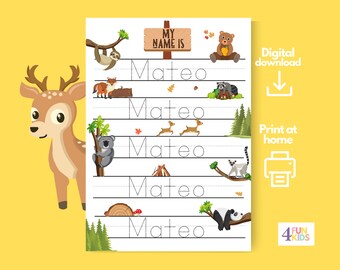 WALDTIERE Benutzerdefiniertes Namensverfolgungsblatt, Handschriftübungs-Personalisierte Name Ablaufverfolgungs-Arbeitsblatt- druckbare Handschrift-Seite Kinder Schreiben