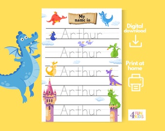 DRAGON Benutzerdefiniertes Namensverfolgungsblatt, Jungen-Handschriftpraxis Personalisierte Namesverfolgungs-Arbeitsblatt-Druckbare Handschriftsseite Kinder Schreiben