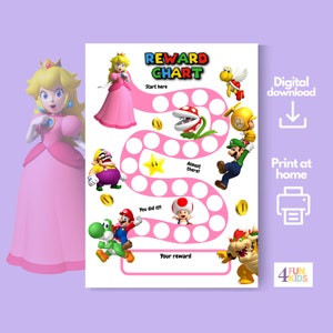 SUPER MARIO Belohnungstabelle | Druckbare Mario Behaviour Chart | Tägliches Hausarbeits-Diagramm | Kinder Routine Sticker Chart | Pfirsich Belohnung Hausarbeit Chart