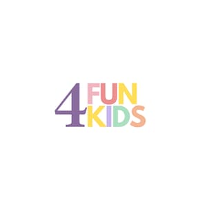 K&ouml;nnte beinhalten: Ein farbenfrohes Logo mit der Zahl 4 in Lila, "FUN" in Rosa, Gelb und Blau und "KIDS" in Gelb, Hellgr&uuml;n und Orange.