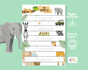 SAFARI Benutzerdefiniertes Namensverfolgungsblatt, Tiere Handschriftübungen Personalisierte Name Ablaufverfolgungs-Arbeitsblatt Druckbare Handschriftseite Kinder Schreiben