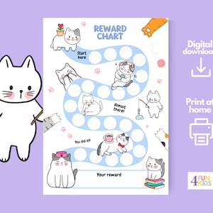 Gráfico de recompensas con temática de gatos para niños - Seguimiento del comportamiento de los gatitos imprimible - Gráfico divertido de motivación felina para refuerzo positivo