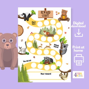 BOSDIEREN Beloningsgrafiek, Kindergedrag Tracker, Afdrukbare boswezens karweigrafiek, Routinegrafiek voor peuters, Dierengrafiek