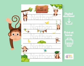 AFFE Benutzerdefiniertes Namensverfolgungsblatt, Affenhandschriftpraxis Personalisierte Namesverfolgungsarbeitsblatt druckbare Handschriftseite Kinderschreiben
