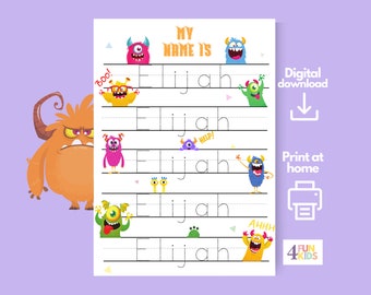 MONSTER Benutzerdefiniertes Namensblatt, Monster Handschriftpraxis Personalisierte Namensverfolgung Arbeitsblatt Druckbare Handschriftseite Kinder Schreiben