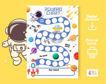 Weltraum Belohnungskarte für Kinder, druckbares Galaxy Behaviour Tracker Astronauts, Raketen & Planeten, motivierende Sternenkarte für Kindertore