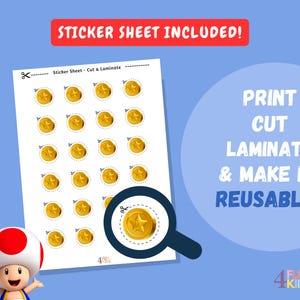 K&ouml;nnte beinhalten: Druckbare Sticker-Tabelle mit 25 goldenen M&uuml;nzen mit einem Stern in der Mitte. Die Tabelle ist so konzipiert, dass sie ausgeschnitten, laminiert und wiederverwendet werden kann. Der Text "Sticker Sheet - Cut & Laminate" und "DRUCKEN SCHNEIDEN LAMINIEREN UND WIEDERVERWENDBAR MACHEN" ist auf der Tabelle enthalten.