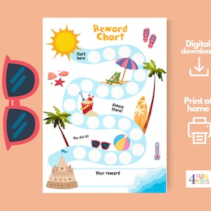 Tableau de récompenses plaisirs estivaux pour enfants - suiveur de comportement à la plage imprimable - tableau de motivation des activités ensoleillées pour les objectifs quotidiens des enfants