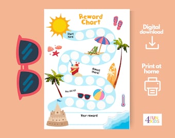 Sommerspaß Belohnungstabelle für Kinder – Druckbare Strandtag Verhalten Tracker – Sonnige Aktivitäten Motivationstabelle für die täglichen Ziele der Kinder