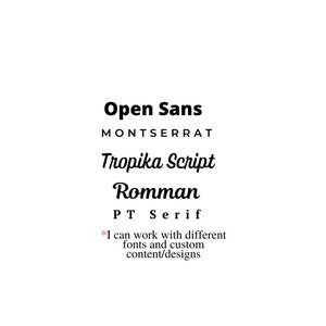 Op de afbeelding: Een lijst met lettertypen, waaronder Open Sans, Montserrat, Tropika Script, Romman en PT Serif. De tekst luidt "Ik kan werken met verschillende lettertypen en aangepaste inhoud/ontwerpen."