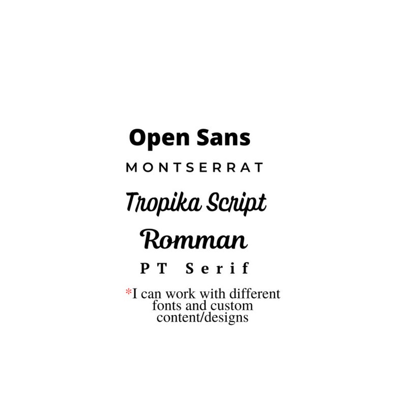 Op de afbeelding: Een lijst met lettertypen, waaronder Open Sans, Montserrat, Tropika Script, Romman en PT Serif. De tekst luidt "Ik kan werken met verschillende lettertypen en aangepaste inhoud/ontwerpen."