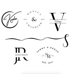 Op de afbeelding: Een verzameling van vijf zwart-wit logo-ontwerpen. Het eerste logo is een cirkel met het woord "Mazda" in cursief. Het tweede logo is een cirkel met de woorden "Monica & Chandler" en "EST. 2017". Het derde logo is een hoofdletter "V" met het woord "Verma" eronder. Het vierde logo is een eenvoudige cursieve "S". Het vijfde logo is een cirkel met de woorden "Semmy & Rohan" en "EST. 2017" en de letters "SR" in het midden.