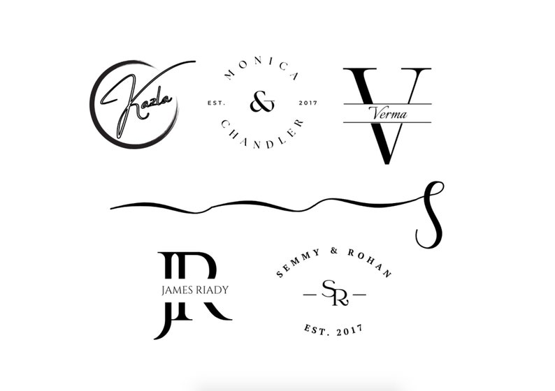 Op de afbeelding: Een verzameling van vijf zwart-wit logo-ontwerpen. Het eerste logo is een cirkel met het woord "Mazda" in cursief. Het tweede logo is een cirkel met de woorden "Monica & Chandler" en "EST. 2017". Het derde logo is een hoofdletter "V" met het woord "Verma" eronder. Het vierde logo is een eenvoudige cursieve "S". Het vijfde logo is een cirkel met de woorden "Semmy & Rohan" en "EST. 2017" en de letters "SR" in het midden.