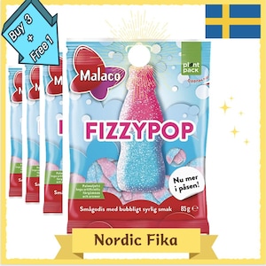 4 pcs x  Malaco Fizzypop – 85g | Swedish Fizzy Bottle Candy | Bubblegum-Flavored Gummies | Classic Scandinavian Treat