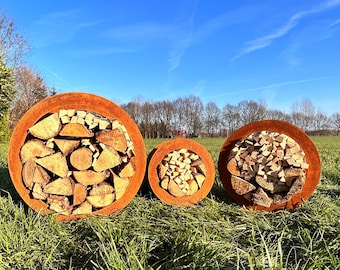 Firewood rack made of metal, circle, round, rust, patina, storage garden, terrace, basket - decoration - SET