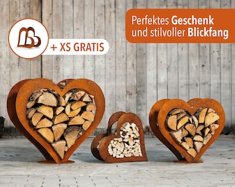 Heart of metal, wooden shelf, rust, noble rust, wooden shelf garden, terrace - Deko - SET