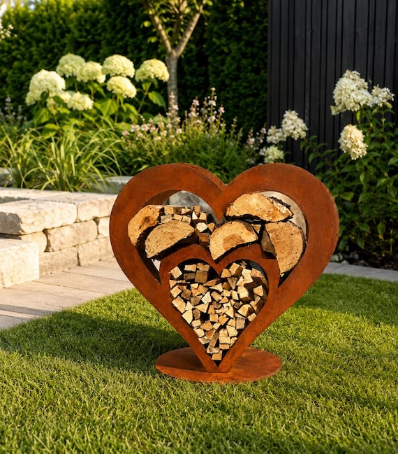 Edelrost Kaminholzregal Doppel Herz, Herz aus Metall, Garten, Terrasse, Regal, Holzregal, Rostdeko, Geschenkidee