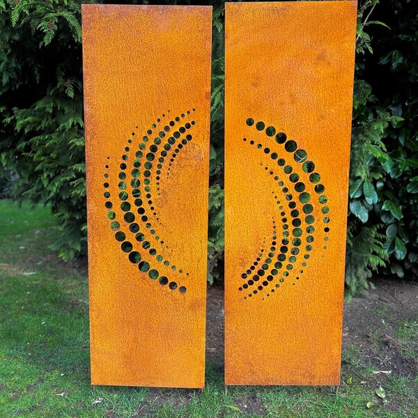 Edelrost Garten Sichtschutz 2er Set, Wand, Rost, Sichtschutzwand Metall 160x50 cm, modern, Kreis, Abstract, Gartendeko, Deko, Schild