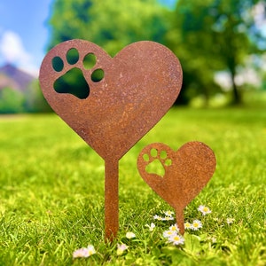 Edelrost Gartenstecker Herz mit Pfote, Hundeherz, Beetstecker, Gartendeko, Hundedeko, Gartendekoration