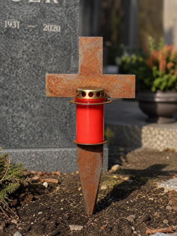 Edelrost Grabkreuz mit Kerzenhalter, Edelrost, Grabdekoration, Tod, Grabschmuck, Gartendekoration
