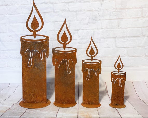 Lot De 4 Décorations De Jardin En Fer Rouillé - Arbres De Noël Et Bougies, Style Vintage Pour Extérieur