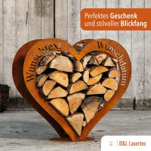 Herz aus Metall personalisierbar Holz Regal Rost Edelrost Holzregal Garten, Terrasse Deko Hochzeitsgeschenk Kaminholzregal personalisiert