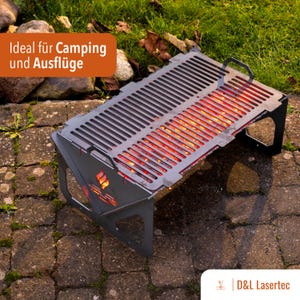 Op de afbeelding: Een zwarte, opvouwbare grill van metaal met een rooster en een logo met de tekst "D&L Lasertec". De grill staat op een terras van stenen met groen gras op de achtergrond. De tekst "Ideal für Camping und Ausflüge" is zichtbaar in de linkerbovenhoek van de afbeelding.