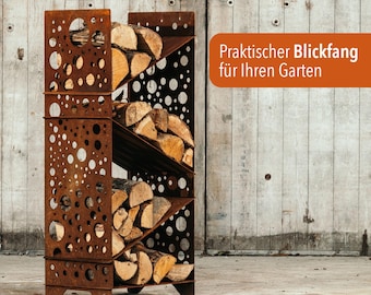 Firewood rack with circles, wooden shelf, rust, rust, garden, terrace - decoration