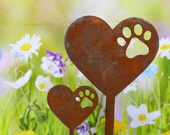 Patina cuore da giardino con zampa, cuore di cane, picchetto da letto, decorazione da giardino, decorazione per cani, decorazione da giardino