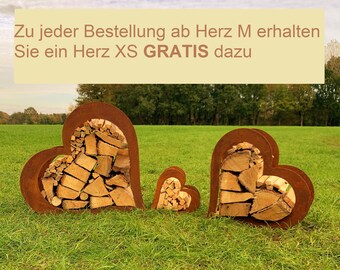 Herz aus Metall liegend, Holz Regal, Rost, Edelrost, Holzregal Garten, Terrasse - Deko - SET