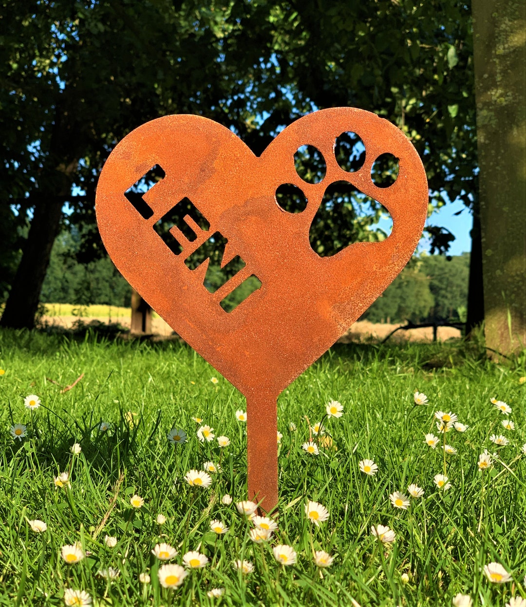 Personalised Noble Rust Garden Stake Heart With Paw, Dog Heart, Bedding