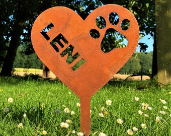 Personalisierter Edelrost Gartenstecker Herz mit Pfote, Hundeherz, Beetstecker, Gartendeko, Hundedeko, Gartendekoration