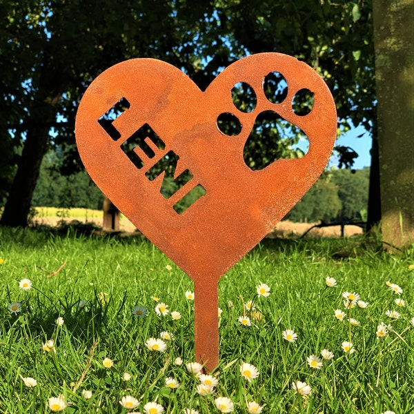 Personalisierter Edelrost Gartenstecker Herz mit Pfote, Hundeherz, Beetstecker, Gartendeko, Hundedeko, Gartendekoration