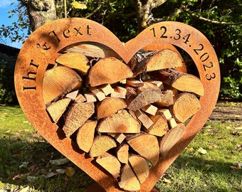 Heart made of metal customizable wooden shelf rust patina wooden shelf garden, terrace decoration wedding gift firewood shelf personalized