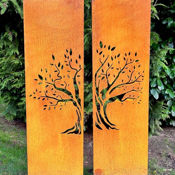 Edelrost Garten Sichtschutz 2er Set Baum, Wand, Rost, Sichtschutzwand Metall 160x50 cm
