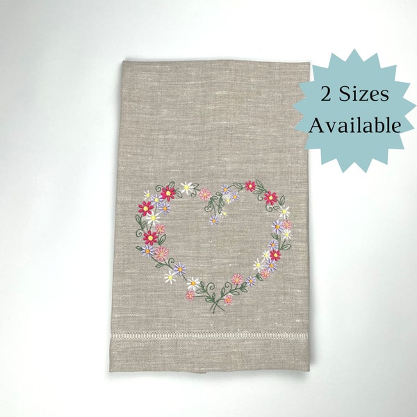 Daisy heart wreath embroidered on natural linen tea towel, kitchen towel, guest towel.  100% linen.