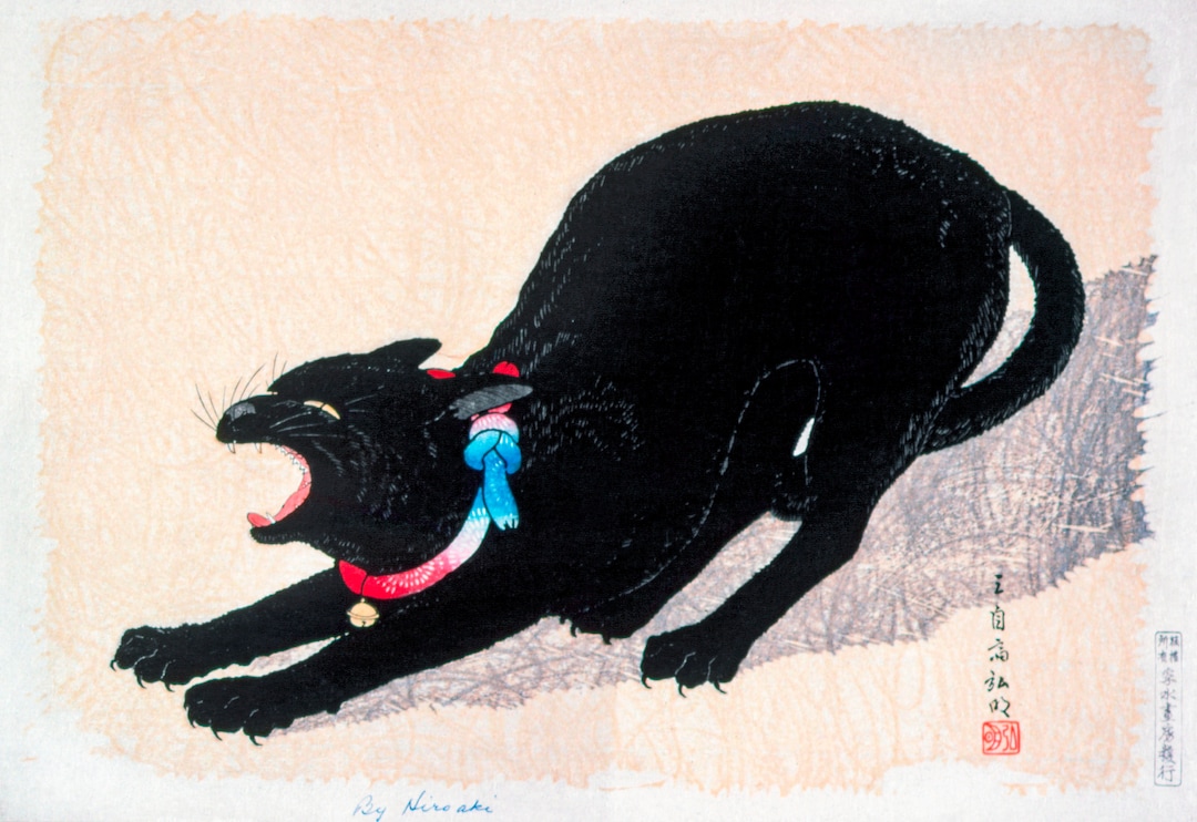 Vintage Japanese Cat Art Print, BLACK CAT Painting, Shotei Takahashi ...