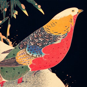 Impresión de arte de pájaro japonés vintage, pintura de pájaro antiguo, arte de pared de Itō Jakuchū, arte de pájaro, rojo negro, mínimo, moderno, arte animal asiático