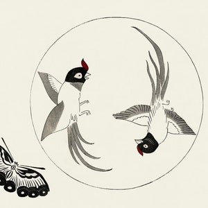 Impresión de arte japonés vintage, pintura de aves antiguas, arte de pared Taguchi Tomoki, arte de aves, blanco negro, mínimo, moderno, arte animal asiático