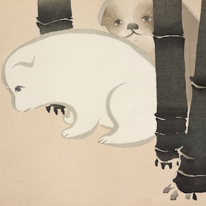 Vintage Japanse hond kunst print, antieke opgraving schilderij, Kamisaka Sekka kunst aan de muur, hond kunst, wit, minimale, moderne, Aziatische dieren kunst