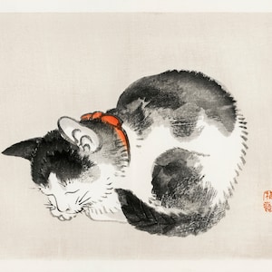 Vintage Japanse kat art print, antieke kat schilderij, kunst aan de muur Kono Bairei, zwart wit rood, minimaal, modern, Aziatische dierlijke kunst