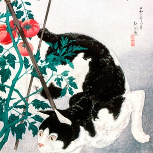 Impresión de arte de gato japonés vintage, pintura de gato antiguo, arte de pared Shotei Takahashi, mínimo, moderno