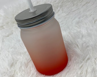 Exclusive 15 oz Red” Frosted Mason Jar w/ Straw/Lid , for Sublimation, Customizable Frosted Jar, Dye-Sub Blank for DIY Gifts