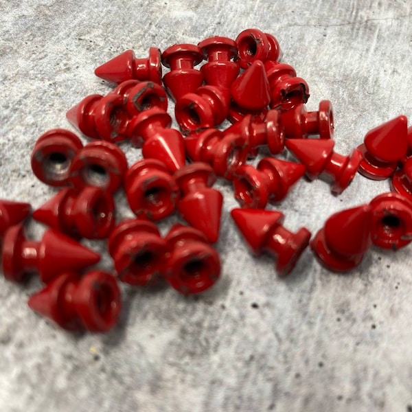 New,"Red" Spikes, 12mm, 100-pcs, Spikes w/Screws, Small Cone Spikes & Studs, Metallic Screw-Back for DIY Punk, Leather, Bags, and Apparel
