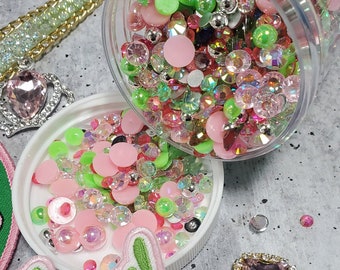 Exclusive, Watermelon Bling Mix Pink/Green/Silver 4oz Rhinestone, Resin, Flat Back Pearls