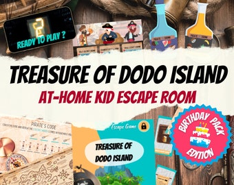 Paquete de cumpleaños de Escape Room Pirata: El tesoro de la isla Dodo (imprimible)