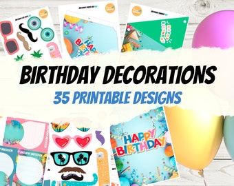 Decoraciones imprimibles para fiestas de cumpleaños: accesorios para selfies, sombreros e invitaciones (PDF)