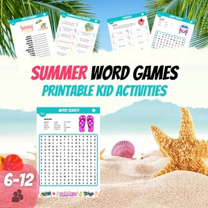 Juegos de palabras para niños de verano imprimibles / Actividad familiar de vacaciones revueltas de palabras, búsqueda de palabras, charadas / actividad de playa de vacaciones de verano