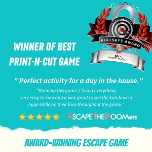 May include: A blue and white award certificate with a red bullseye target graphic. The certificate reads "Winner of Best Print-N-Cut Game" and "Bullseye Award". The text "Perfect activity for a day in the house." is included in a speech bubble. Five gold stars are displayed below the text.